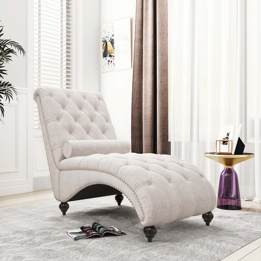 Button-Tufted Chaise Lounge Indoor With Solid Wood Legs & Support Pillow