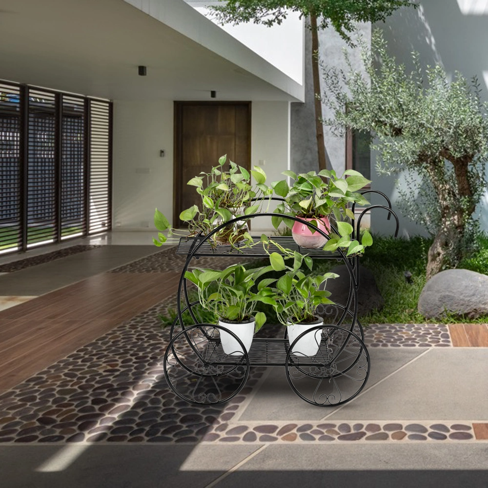 New Fashion With Handle Cart Shape 2 Layer Plant Stand