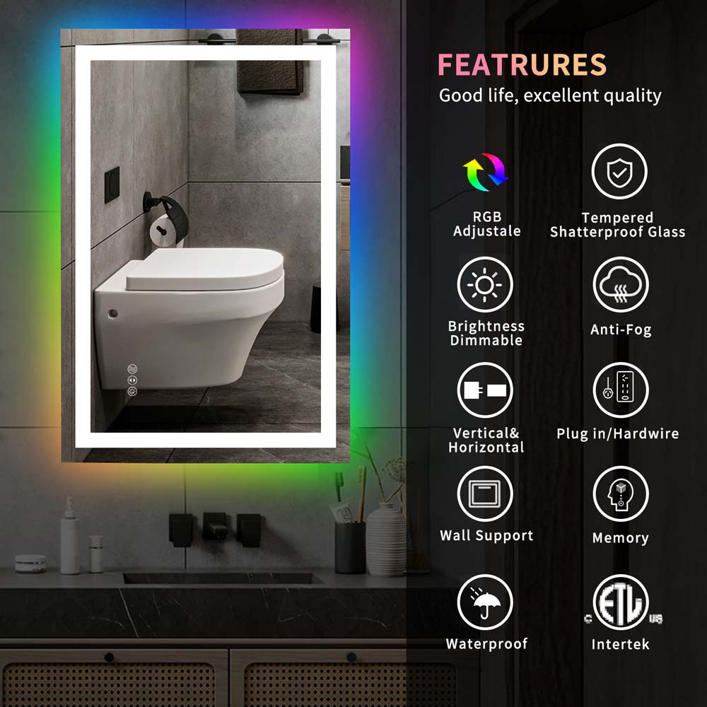 Front Light & RGB Color Backlit Dimmable Bathroom Vanity Mirror