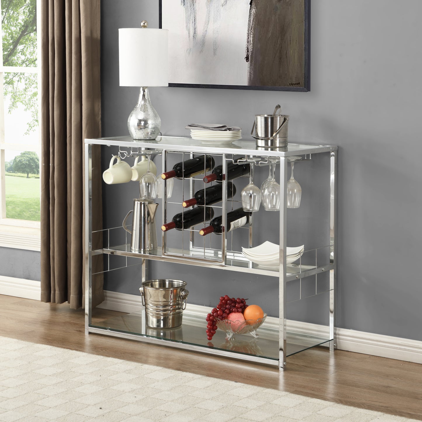 Bar Serving Cart with Glass Holder and Wine Rack